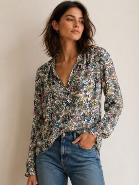 Zadig & Voltaire Floral Sheer V-Neck Blouse in White, Blue, Pink, Yellow, Green